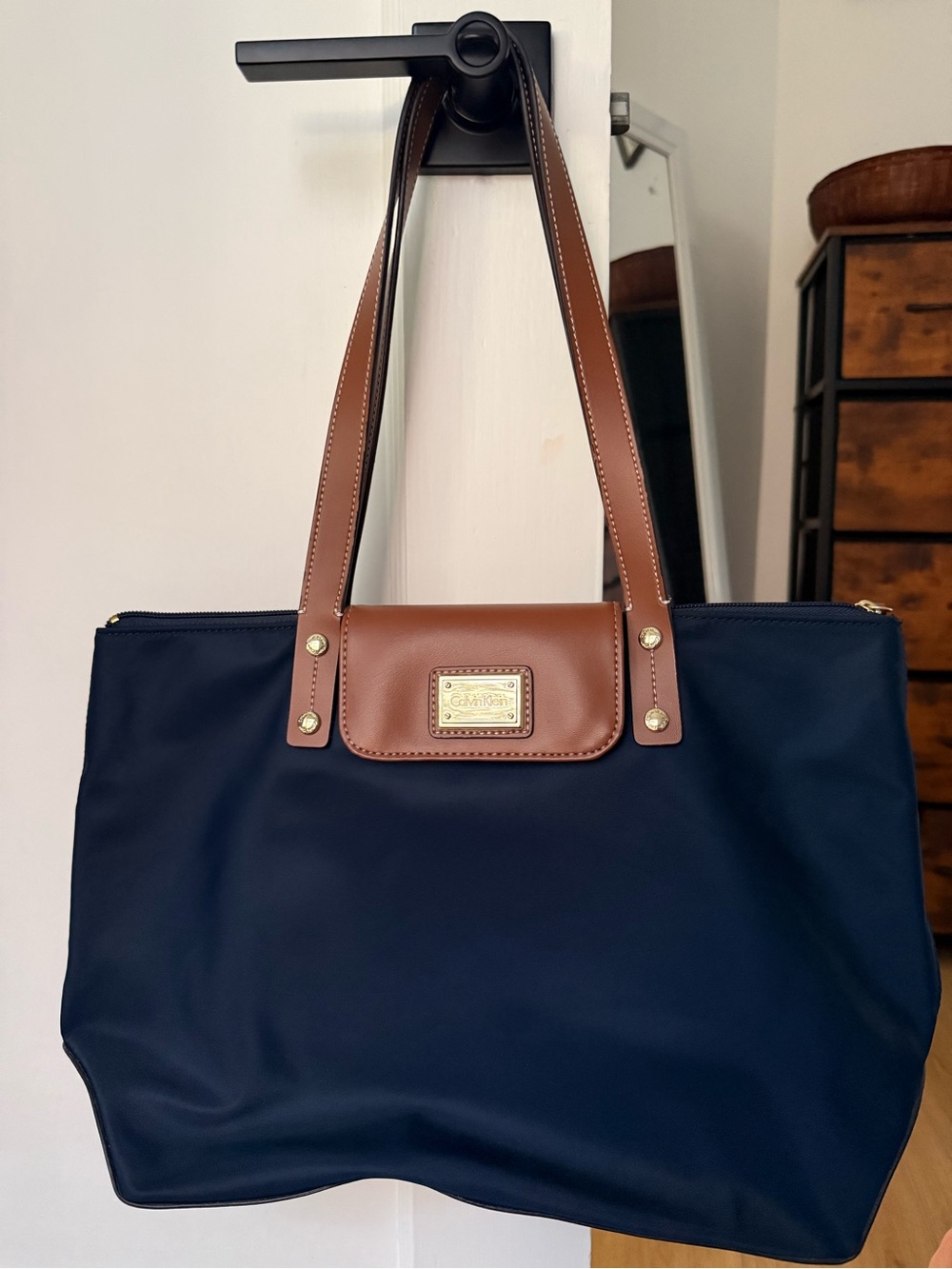 Calvin Klein Navy Tote with Brown Leather Trim